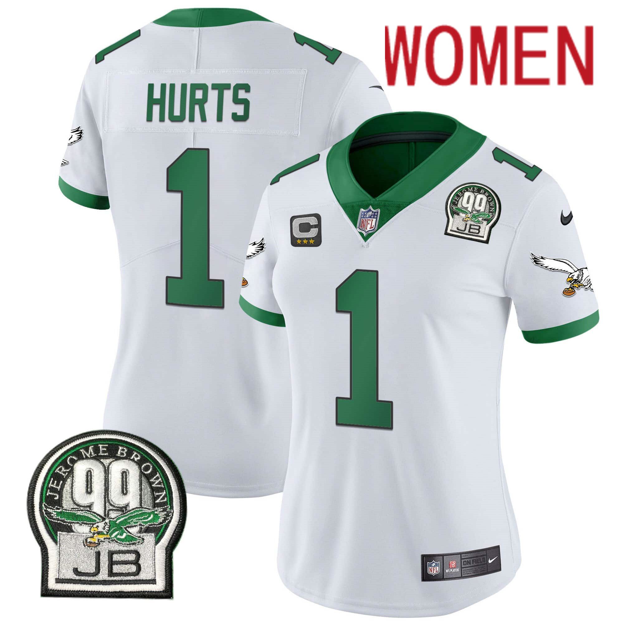 Women Philadelphia Eagles 1 Hurts White 2024 Nike Jerome Brown Patch Alternate Limited NFL Jersey